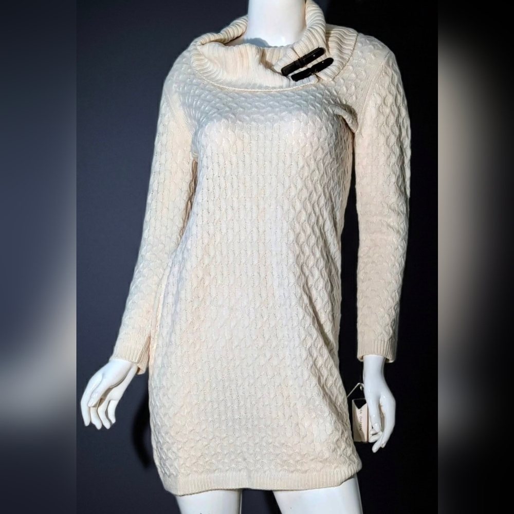 Chic Cream Cable Knit Sweater Dress With Brown Leather Buckles On The Collar
